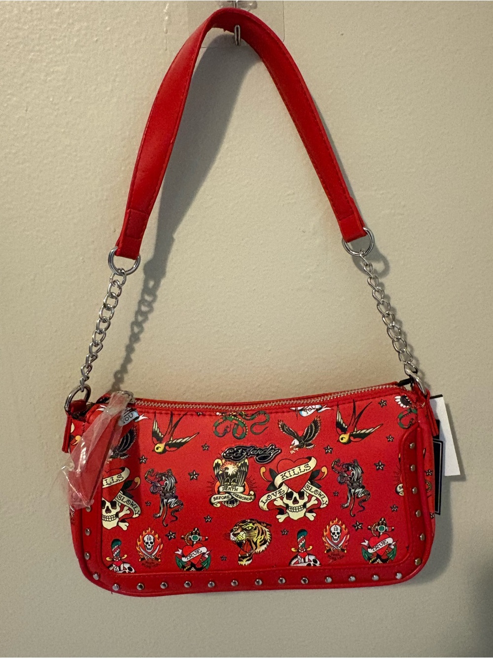 NWT Ed Hardy Red Tattoo Print Shoulder Bag Convertible Crossbody Extra Strap